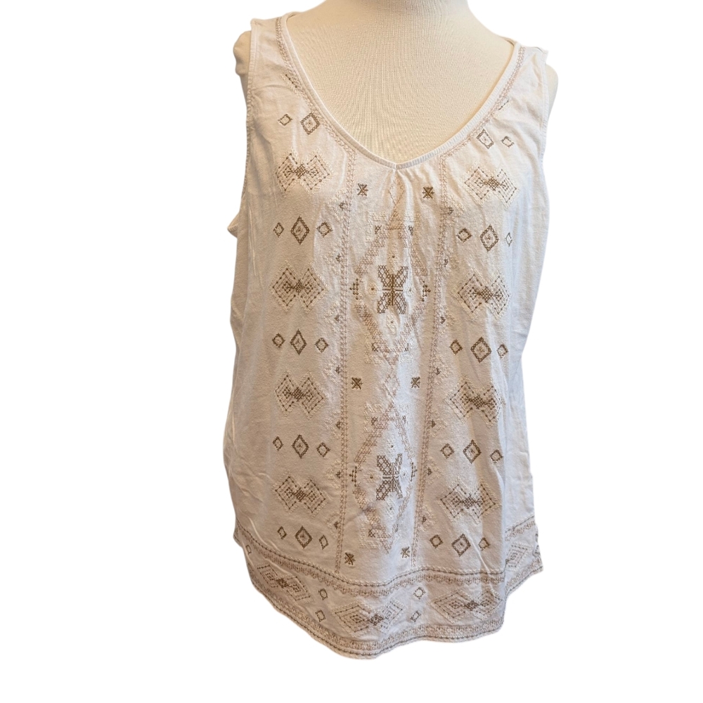J.JILL Embroidered Sleeveless Top Aztec White Brown Split Neck Cotton Top Large - Picture 2 of 9